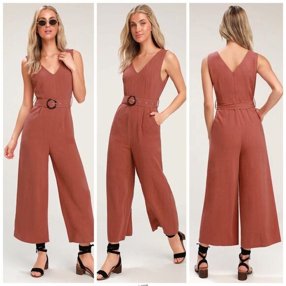 Lulu’s Avalon Terra Cotta Belted Culotte Jumpsuit - Picture 1 of 9